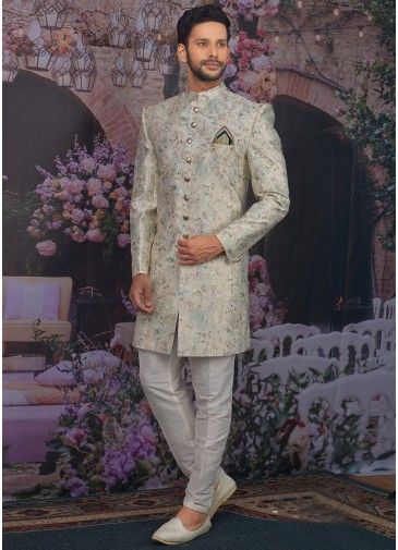 Green Floral Printed Readymade Sherwani With Pant