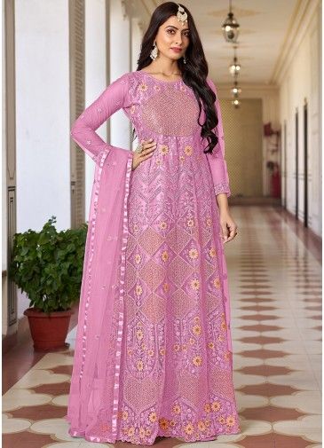 Pink Embroidered Anarkali Suit In Net
