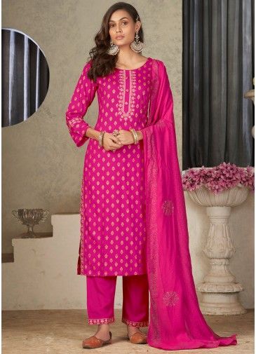 Pink Foil Printed Suit Set In Rayon