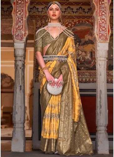 Yellow Traditional Zari Woven Saree In Silk