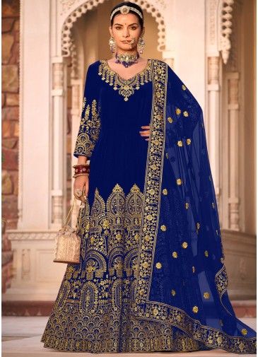 Blue Embroidered Anarkali Suit In Velvet
