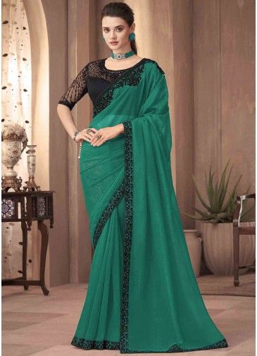 Green Embroidered Silk Saree & Blouse