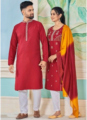 Readymade Maroon Embroidered Couple Wear Set