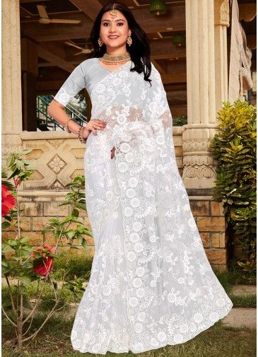 White Floral Embroidered Saree In Net