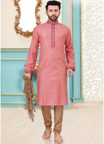 Pink Printed Readymade Kurta With Churidar