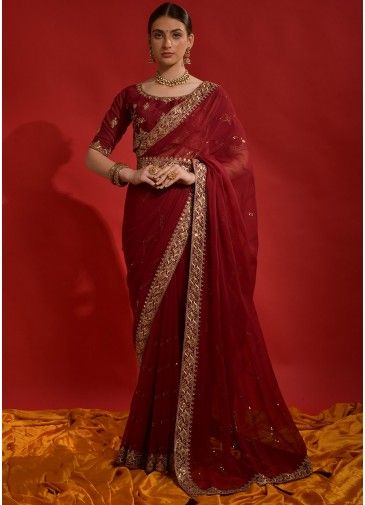 Red Sequins Embroidered Saree 