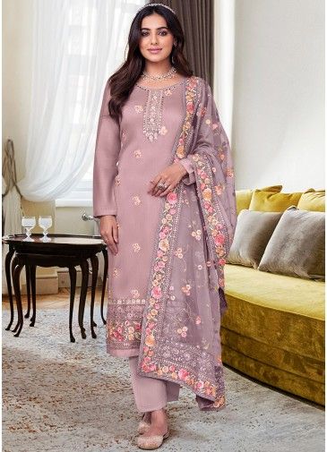 Mauve Purple Embroidered Pant Style Suit