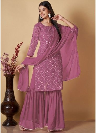 Mauve Pink Readymade Embroidered Gharara Suit In Georgette