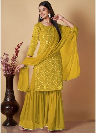 Yellow Readymade Embroidered Gharara Suit In Georgette