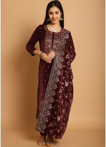 Maroon Embroidered Pant Suit Set In Velvet