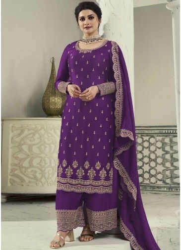 Prachi Desai Purple Embroidered Palazzo Suit In Georgette