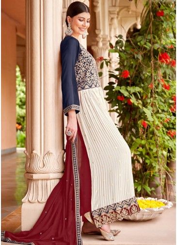 Readymade Navy Blue & White Embroidered Palazzo Suit
