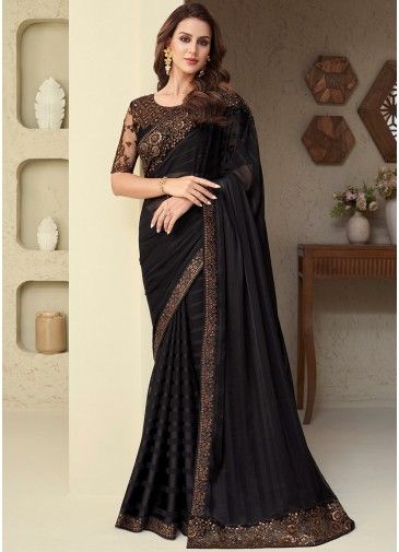 Black Embroidered Saree In Silk