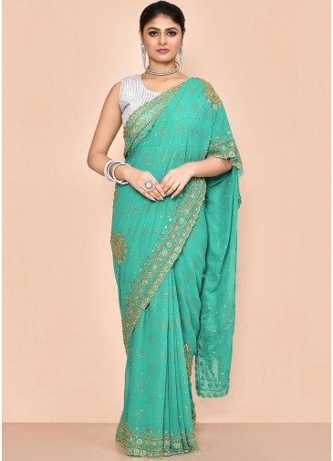 Turquoise Embroidered Saree In Georgette