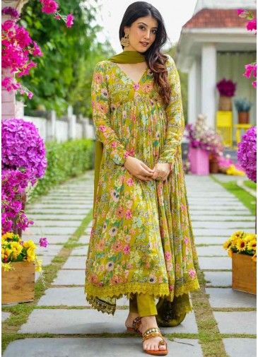 Readymade Green Floral Print Anarkali Suit