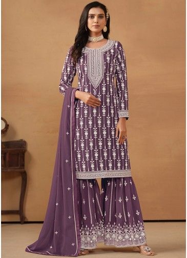 Purple Gharara Suit Set In Thread Embroidery