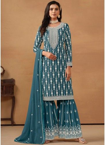 Teal Blue Thread Embroidered Gharara Suit