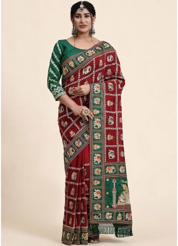Red Art Silk Saree In Zari Embroidery