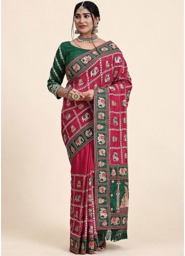 Red Thread Embroidered Saree In Art Silk