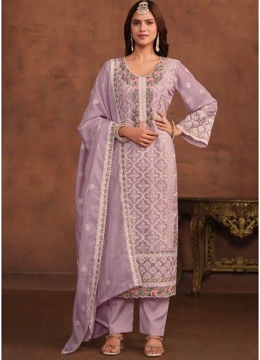 Lavender Organza Pant Suit In Thread Embroidery