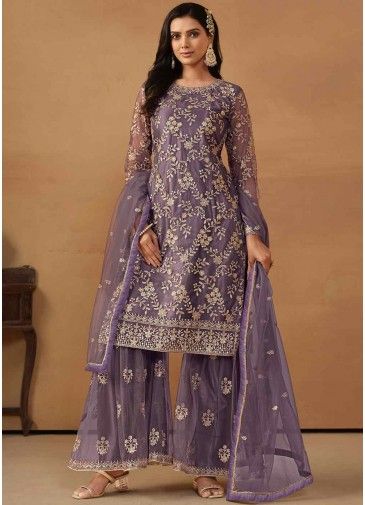 Purple Embroidered Gharara Suit Set In Net