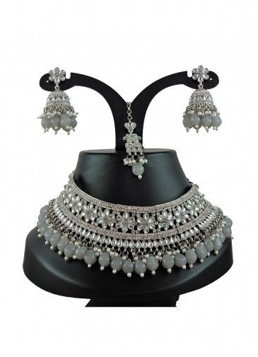 Grey Kundan Studded Necklace Set 