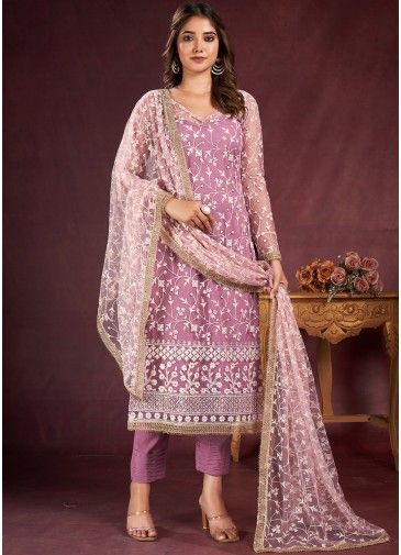 Pink Thread Embroidered Pant Suit