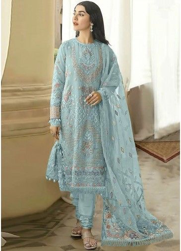 Blue Embroidered Georgette Salwar Suit & Dupatta