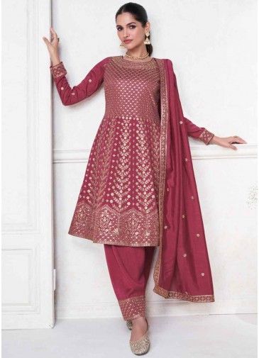 Pink Embroidered Flared Pant Suit Set