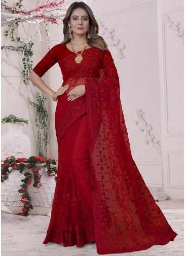 Red Net Saree In Resham Embroidery