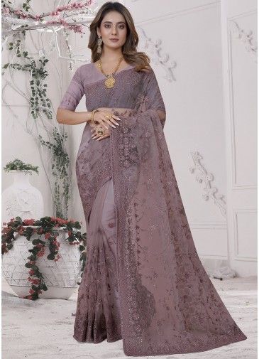 Mauve Purple Net Embroidered Saree
