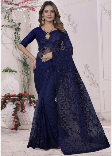 Navy Blue Embroidered Saree In Net