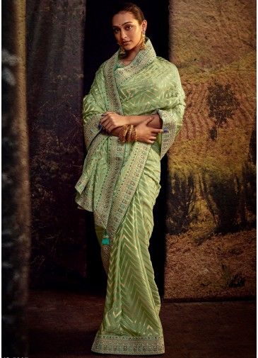 Green Thread Embroidered Saree In Art Silk