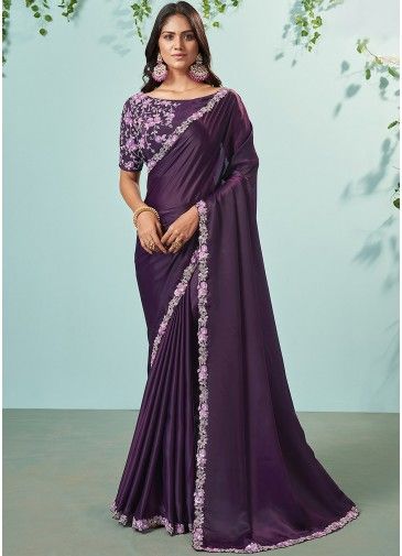 Purple Art Silk Saree In Sequins Embroidery