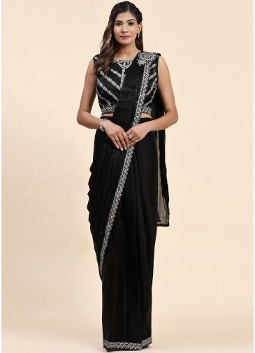 Black Embroidered Pre-Stitched Satin Saree