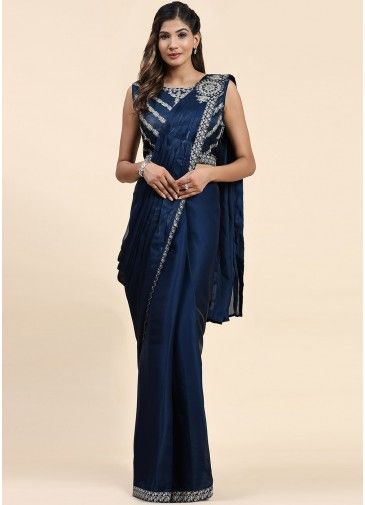 Pre-Stitched Navy Blue Embroidered Saree