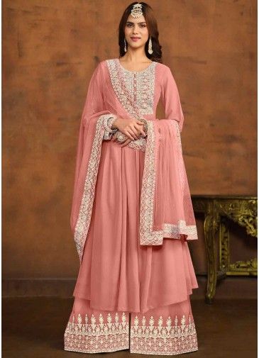 Peach Cord Embroidery Georgette Palazzo Suit Set