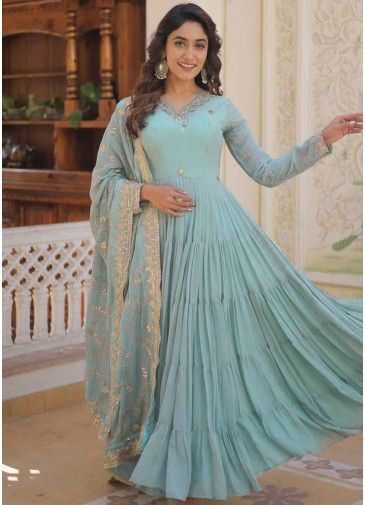 Pastel Blue Embroidered Readymade Tiered Style Anarkali Suit In Georgette