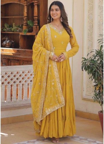 Yellow Embroidered Readymade Georgette Tiered Style Anarkali Suit