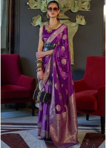 Purple Satin Woven Saree