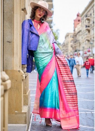 Multicolored Digital Printed Saree In Silk