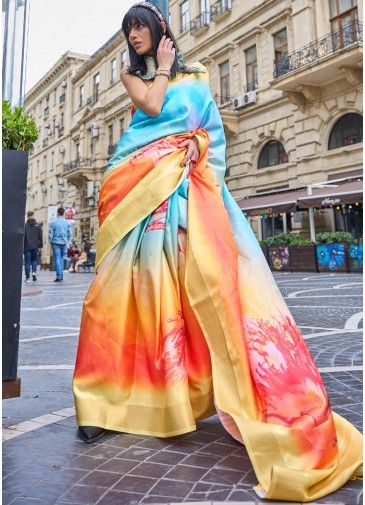 Multicolor Digital Printed Silk Saree & Blouse