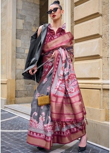 Maroon Digital Printed Saree In Silk