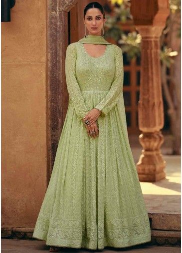 Green Readymade Embroidered Anarkali Suit