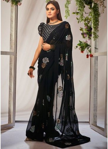 Black Sequins Embellished Saree & Blouse