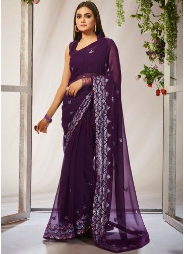 Purple Georgette Saree In Sequins Embroidery