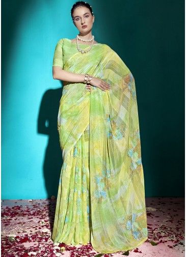 Green Digital Printed Saree In Chiffon
