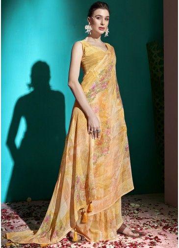Yellow Chiffon Saree In Digital Print