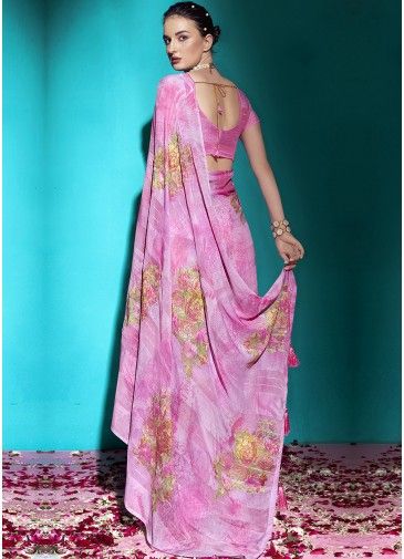 Pink Digital Printed Saree In Chiffon