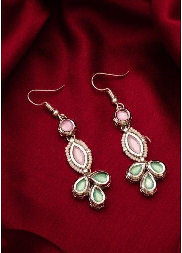 Pink & Green Dangler Earrings In Stone Work